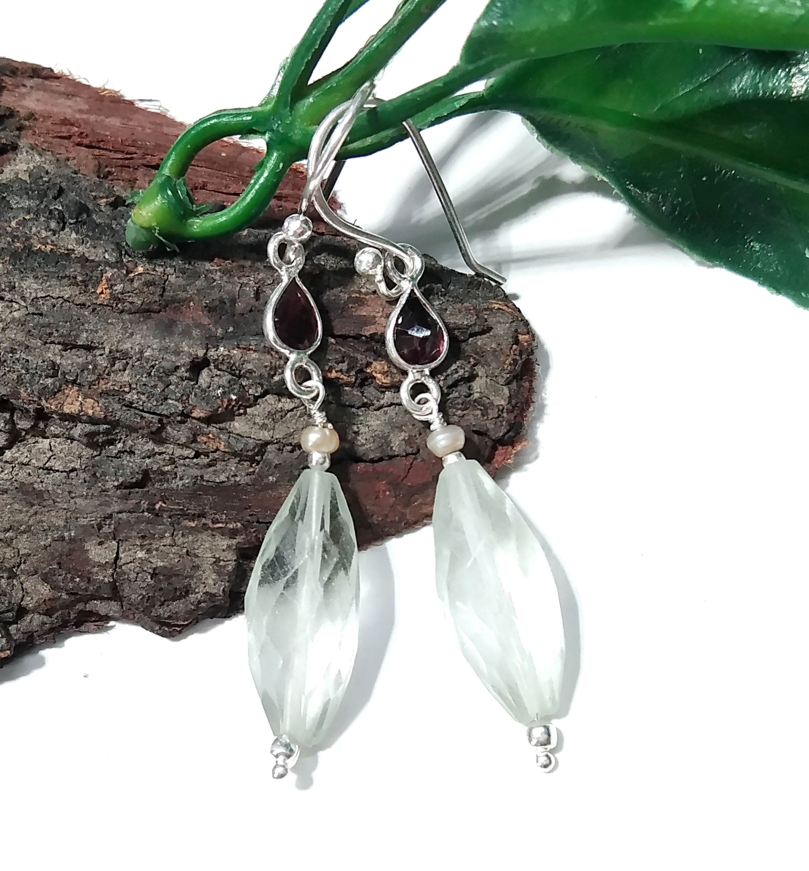 Natural Green Amethyst/Garnet Gemstone Drop Earring, 925 Solid Starling Silver Earring, Stone Size 19x7 mm Gift Birthday Earring Jewelry